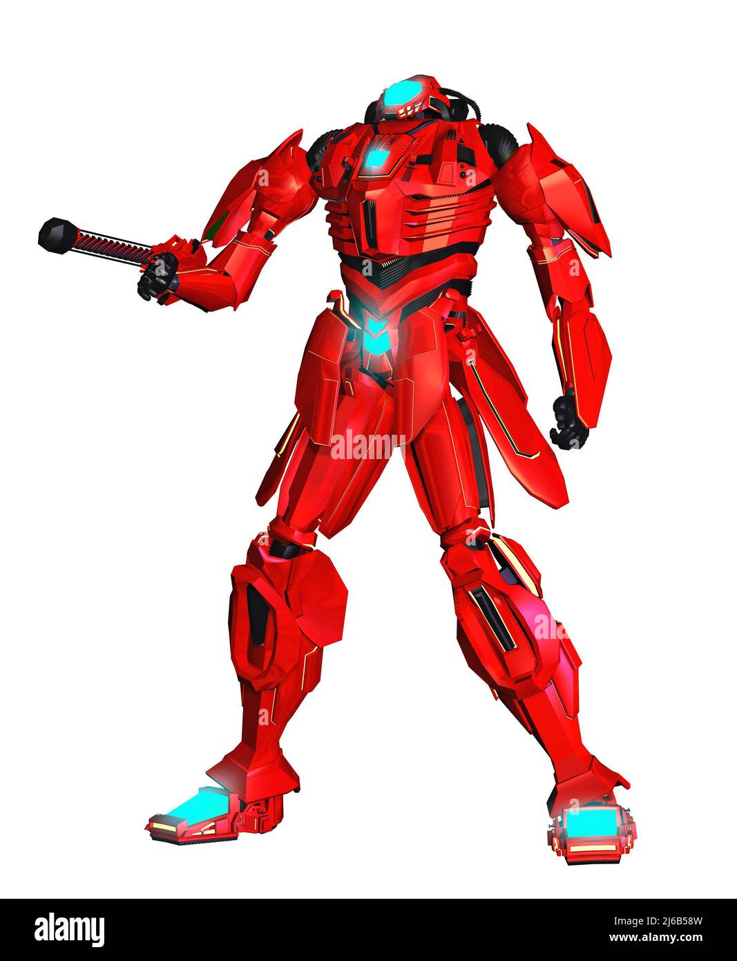 robot guerrier avec arme rouge et armure, 3d illustration Banque D'Images