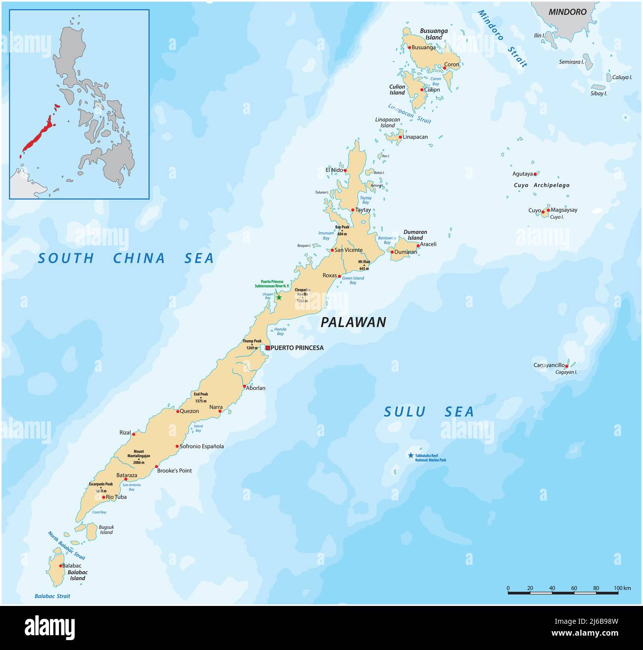 Carte vectorielle de l'ouest de l'île philippine Palawan Illustration de Vecteur