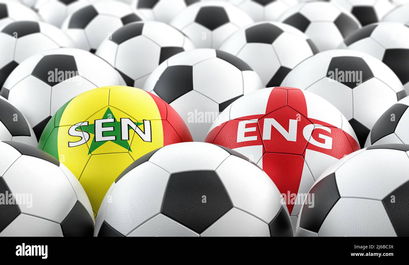 Angleterre vs. Match de football du Sénégal - balles en cuir dans les couleurs nationales de l'Angleterre et du Sénégal. 3D rendu Banque D'Images