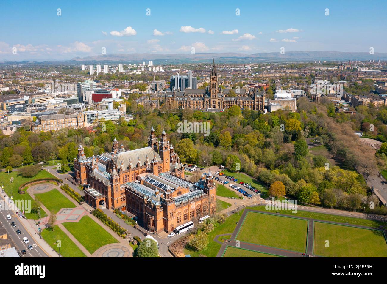 Vue aérienne de l'université de Glasgow et de la galerie d'art et du musée Kelvingrove, Glasgow, Écosse Banque D'Images