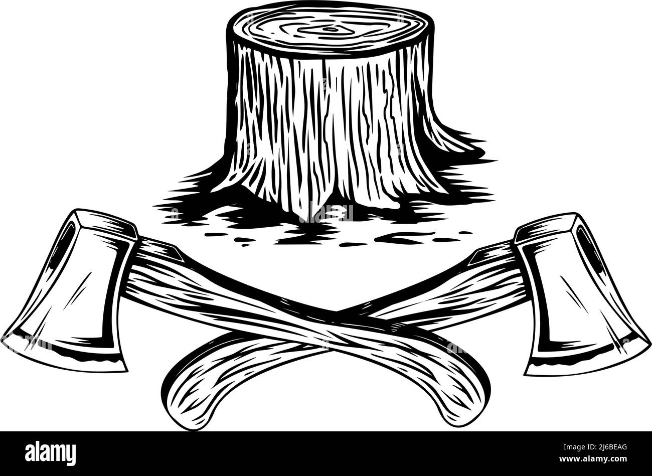 Axes de bûcherons croisés avec coupe de bois. Élément design pour logo, emblème, affiche, affiche, t-shirt. Illustration vectorielle Illustration de Vecteur