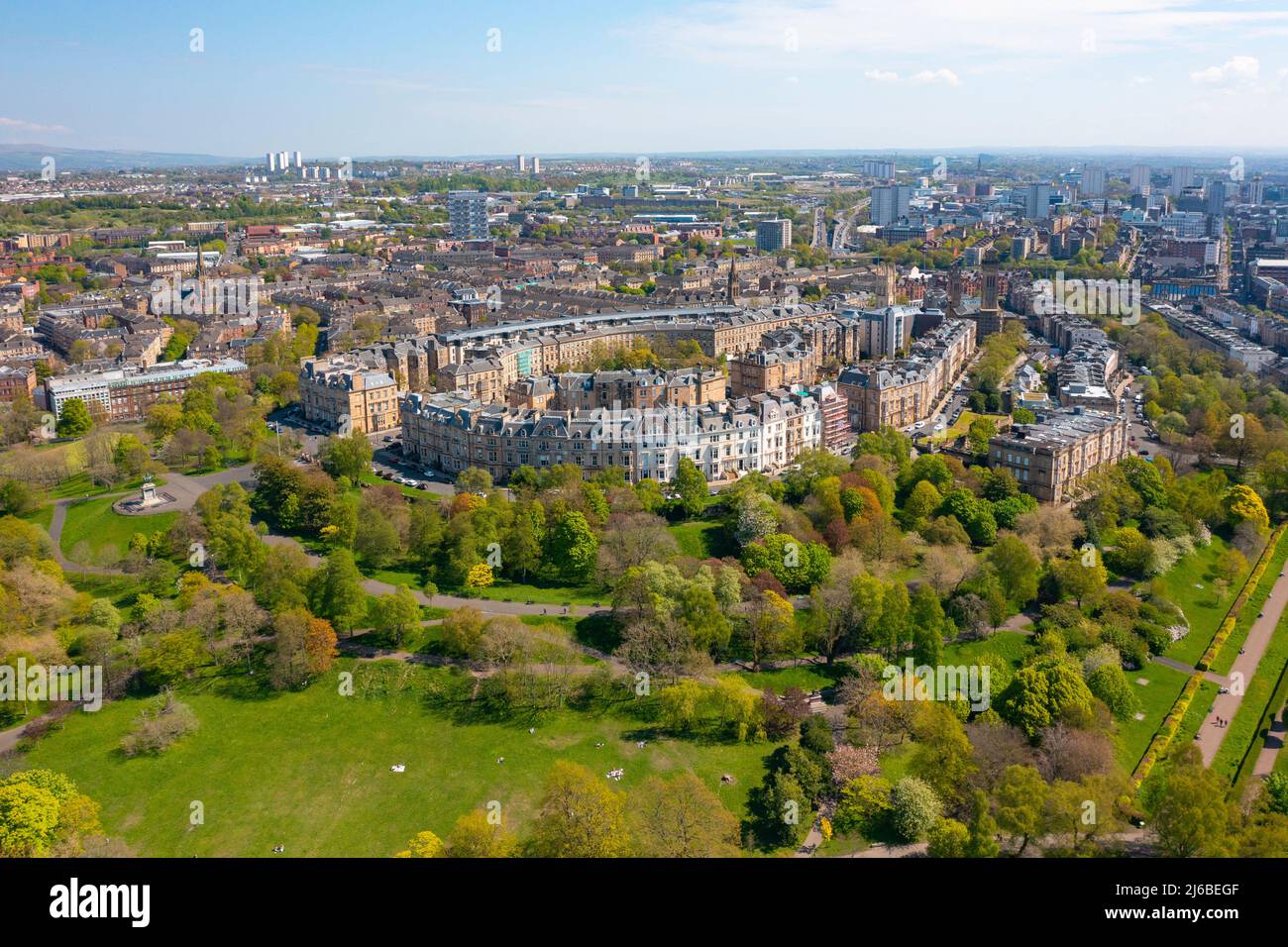 Vue aérienne du logement de Park Circus et Park Terrace à Glasgow, Écosse, Royaume-Uni Banque D'Images