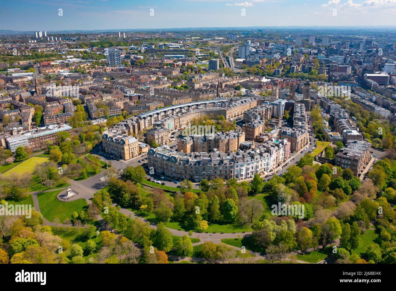 Vue aérienne du logement de Park Circus et Park Terrace à Glasgow, Écosse, Royaume-Uni Banque D'Images