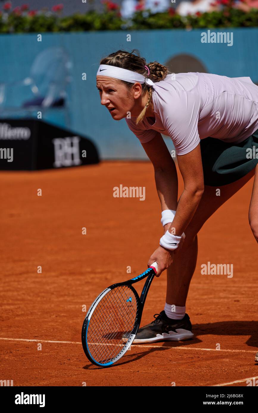 Madrid, Espagne. 30 avril 2022. Tennis: Mutua Madrid Tournoi de tennis ouvert - Madrid, individuel, femmes: Victoria Azarenka () V Tamara Zidansek (Slovénie). Azarenka frappe. Crédit: EnriquePSans/Alay Live News Banque D'Images