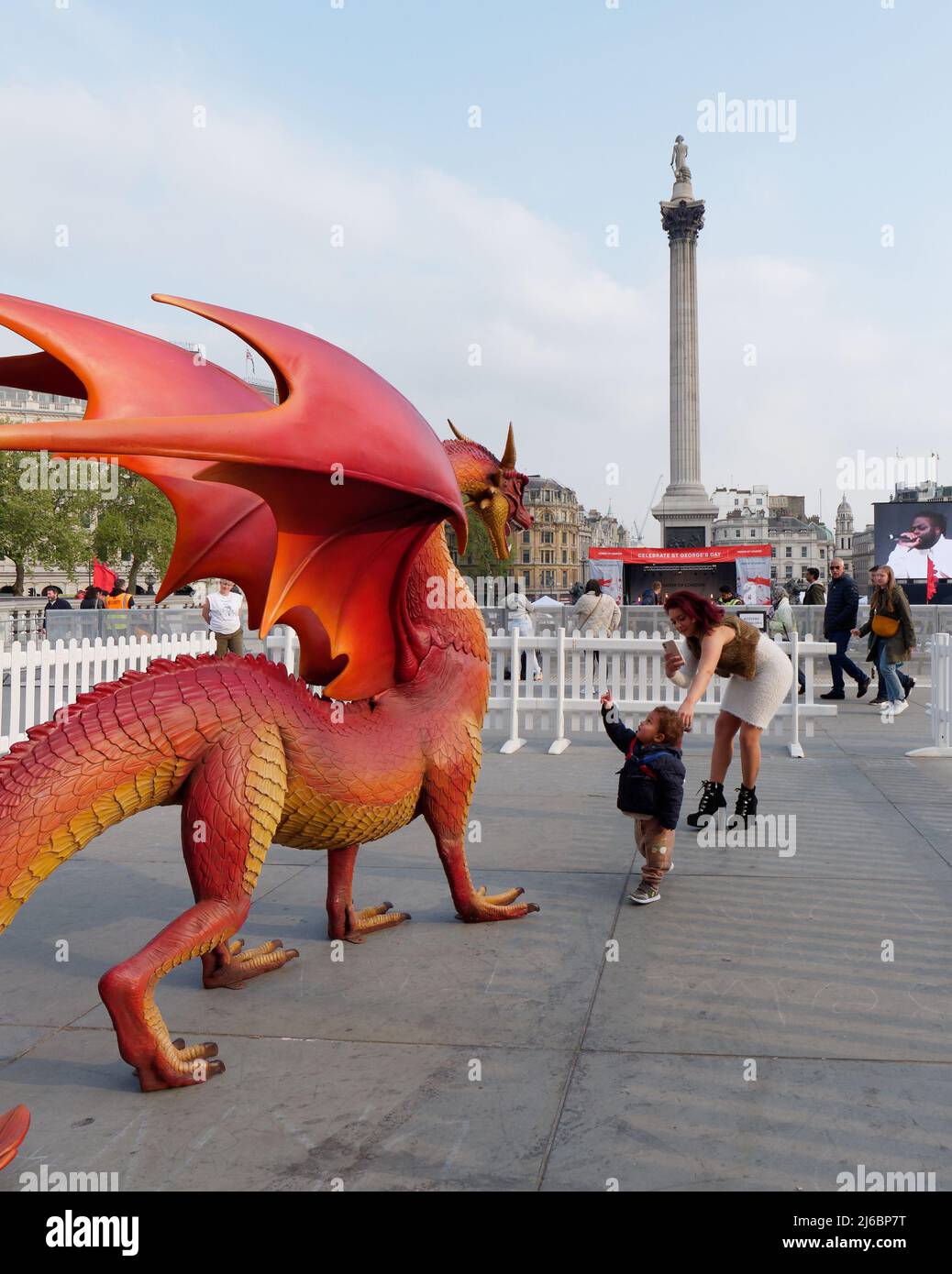 Londres, Grand Londres, Angleterre, 23 avril 2022 : l'enfant met la main au dragon de Trafalgar Square lors des célébrations de la Saint-Georges. Banque D'Images