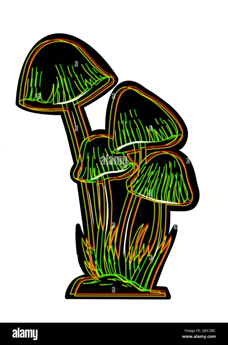 Différents dessin à la main de champignons néons noirs sur fond blanc, clip-art pour votre projet Banque D'Images