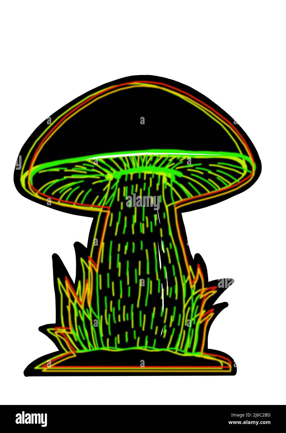 Différents dessin à la main de champignons néons noirs sur fond blanc, clip-art pour votre projet Banque D'Images