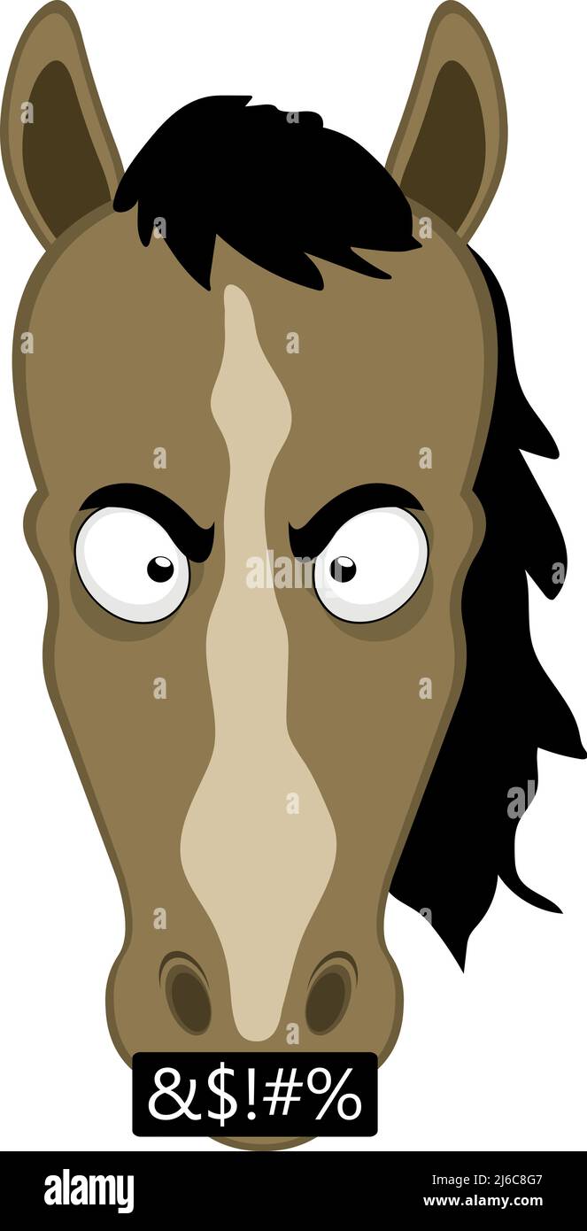 Illustration vectorielle du visage d'un cheval de dessin animé avec une expression de colère et d'insulte Illustration de Vecteur