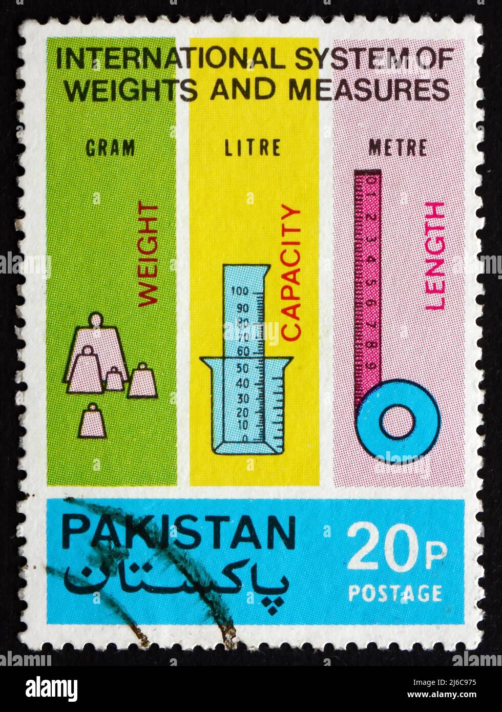 PAKISTAN - VERS 1974 : un timbre imprimé au Pakistan montre les mesures métriques, Introduction du système métrique, vers 1974 Banque D'Images