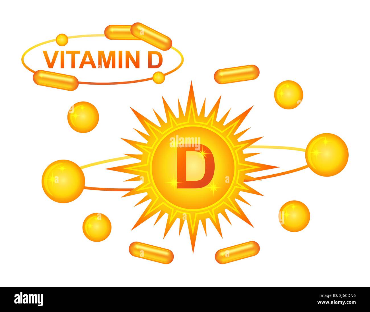 Vitamine D complément alimentaire de régime, soleil jaune avec capsule de pilule de médicament. Comprimé de cholécalciférol médical, pharmacie chimique vecteur de médicament de santé Illustration de Vecteur