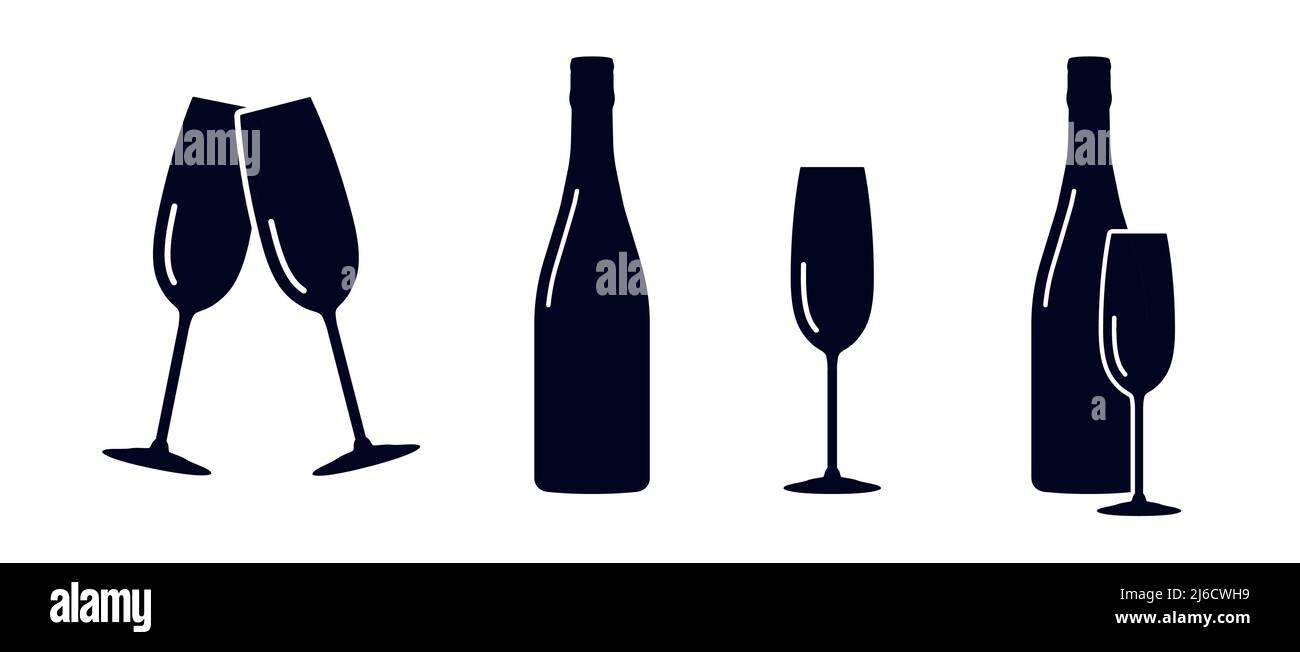 Verres à champagne ou à vin pétillant et icônes de bouteille Illustration de Vecteur