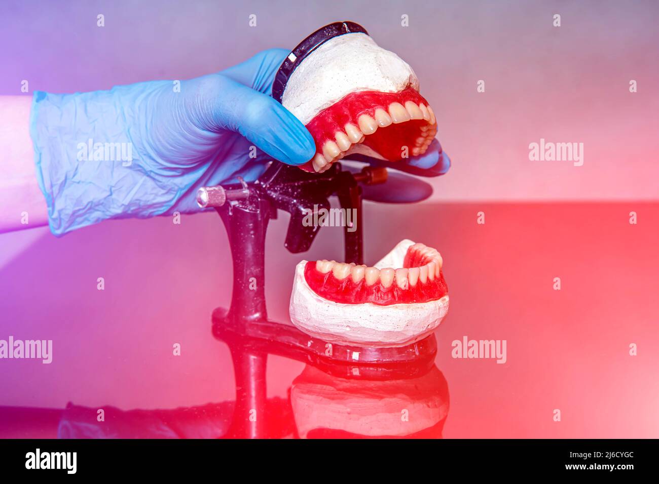 Prothèse dentaire dans les mains du médecin en gros plan.Dentiste tenant un pont dentaire en céramique.Vue avant de la prothèse complète.Pho conceptuel de la dentisterie Banque D'Images