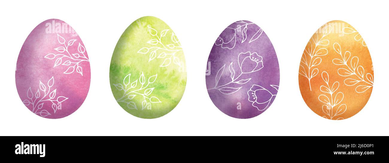 Œufs de Pâques colorés. Jeu d'illustrations aquarelle. Œufs de Pâques de couleur florale. Banque D'Images