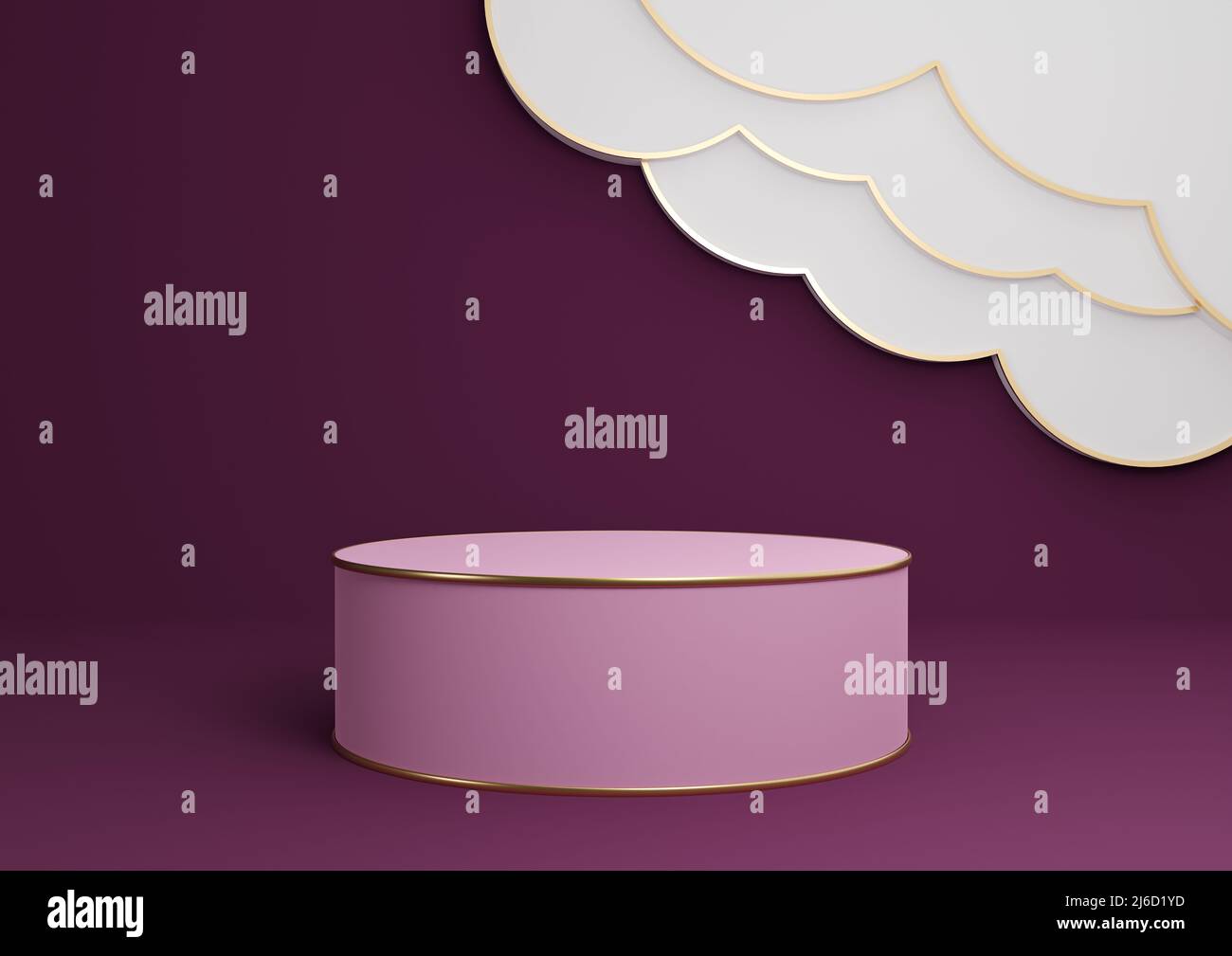 Support ou podium de présentation de produit de rendu 3D magenta foncé et violet avec nuages abstraits et lignes dorées luxueux petit peu de composition simple Backgrou Banque D'Images