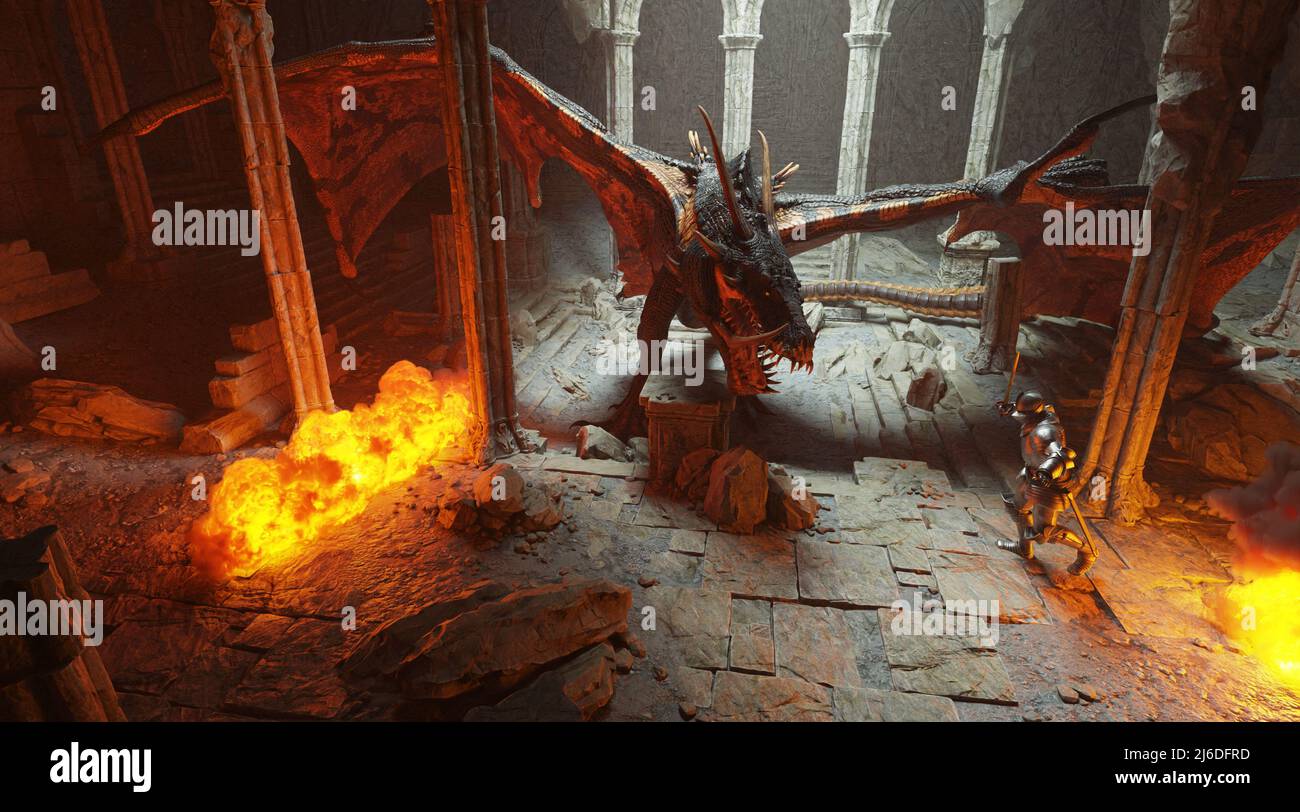 3D scène de bataille de fantaisie d'illustration avec dragon attaquant chevalier médiéval Banque D'Images