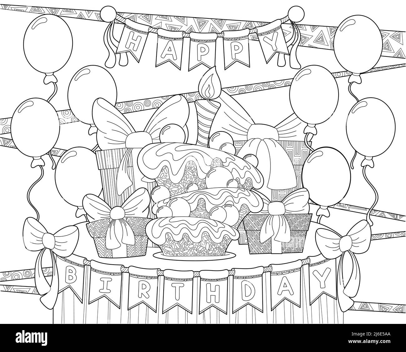 Page de coloriage joyeux anniversaire. Affiche à colorier en forme de caniche. Illustration de Vecteur