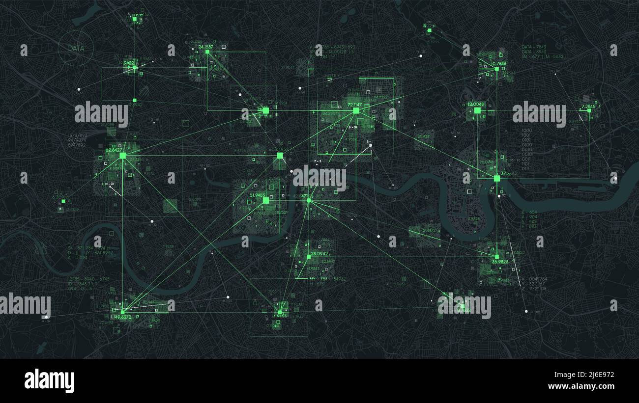 Technologie futuriste et concept de connexion réseau, grande base de données virtuelle de ville intelligente, visualisation numérique des big data sur fond de carte de Londres Illustration de Vecteur