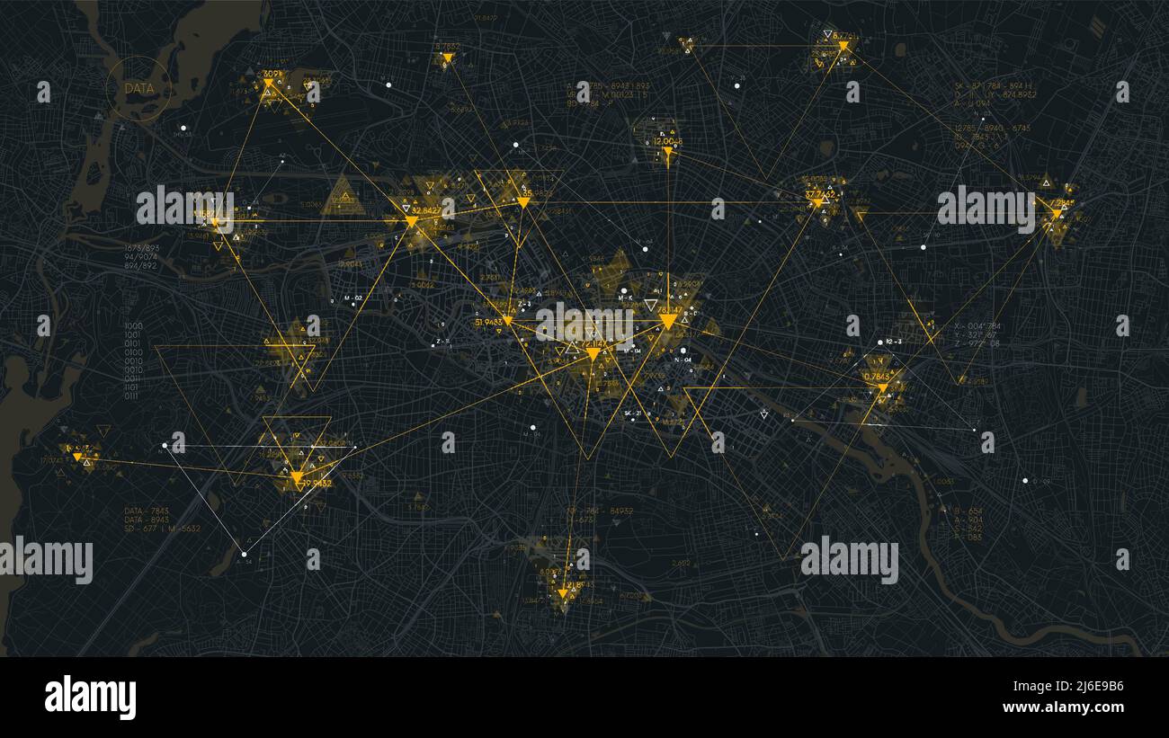 Technologie futuriste et concept de connexion réseau, base de données virtuelle de la grande ville intelligente, visualisation numérique des big data sur fond de carte berlinoise, vec Illustration de Vecteur