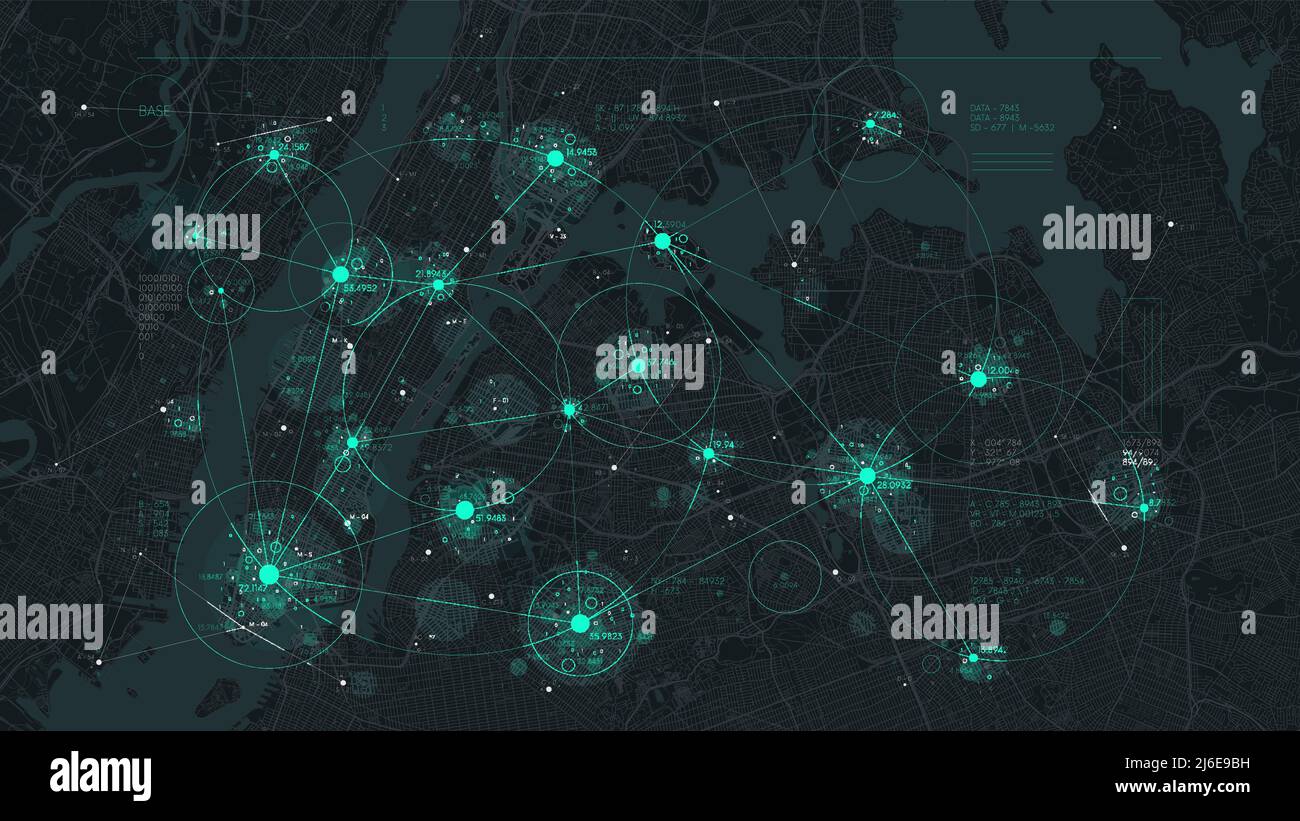 Technologie futuriste et concept de connexion réseau, base de données virtuelle de la grande ville intelligente, visualisation numérique des Big Data sur fond de carte New York, v Illustration de Vecteur