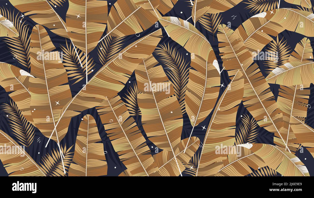 Motif sans couture avec feuilles dorées de banane sur fond sombre, composition de plantes tropicales peut être utilisé conception de couverture, art mural, brochure, Illustration de Vecteur