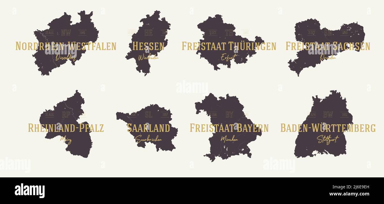 Ensemble 2 des 2 cartes très détaillées vector silhouettes États d'Allemagne avec noms et capitale Illustration de Vecteur