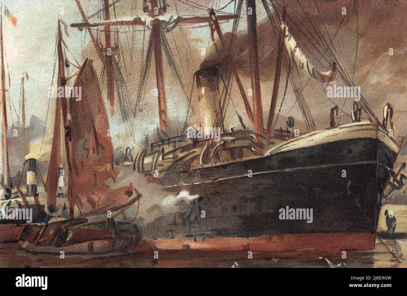 Raphael Tuck et fils 'Art' série carte postale de navires et bateaux dans le port. Banque D'Images