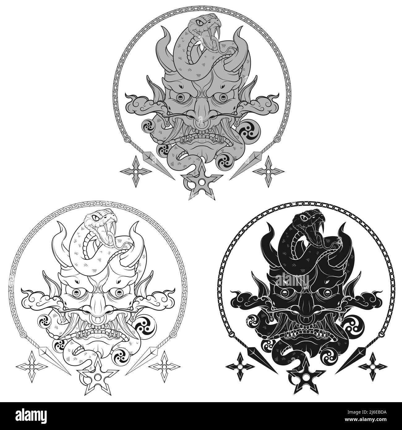 Dessin vectoriel de démon traditionnel japonais avec serpent, masque Hannya de démon japonais Oni avec serpents Illustration de Vecteur