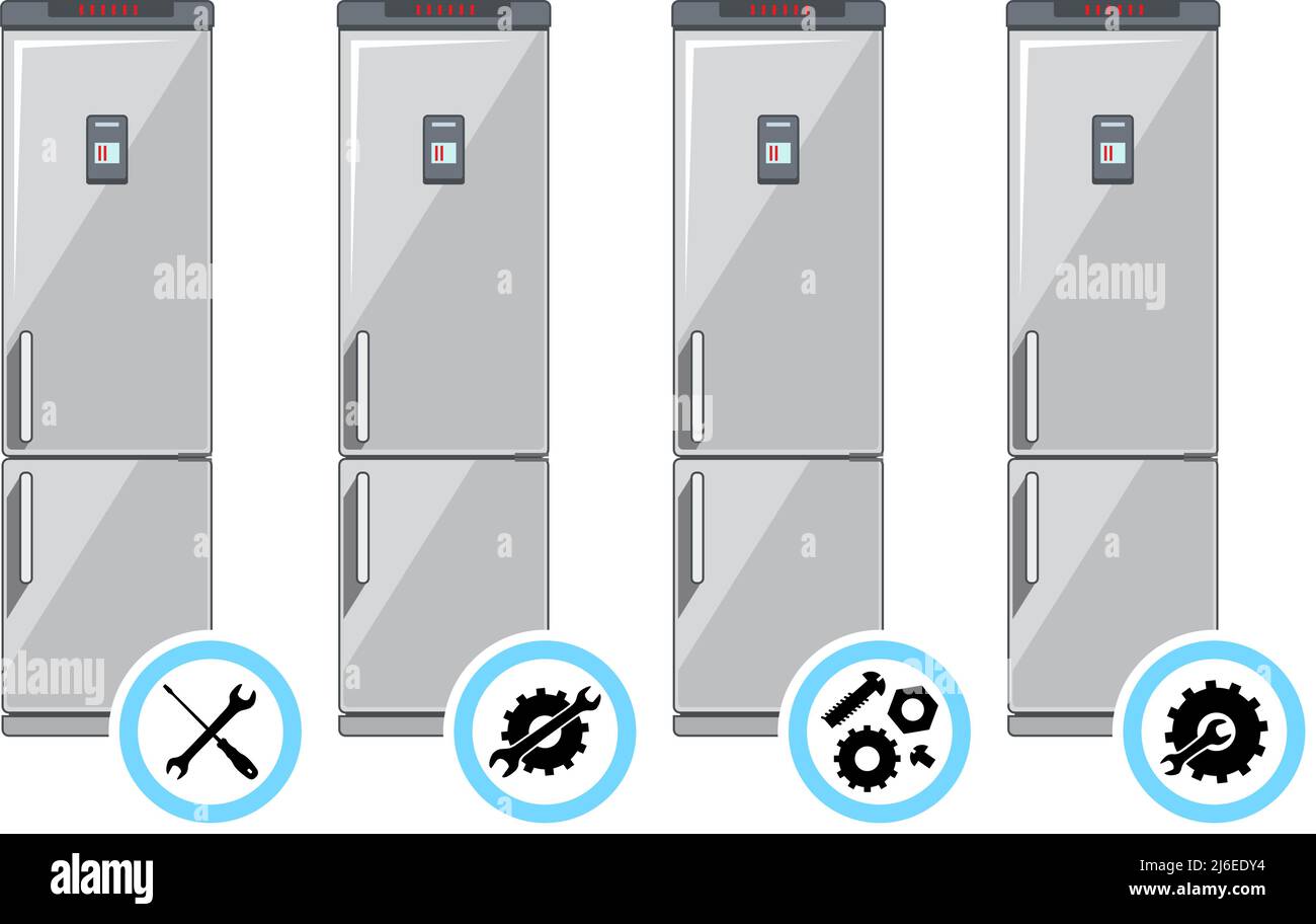 Concept de service de réparation. Jeu d'icônes : clé, tournevis, marteau, vis, écrou, boulon et pignon. Icône ou bouton Services isolé sur fond blanc. Mendi Illustration de Vecteur