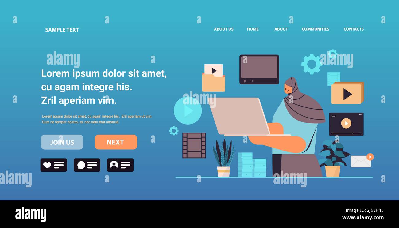 femme arabe regardant des vidéos sur ordinateur portable éducation en ligne didacticiels vidéo d'apprentissage en direct concept de streaming Illustration de Vecteur