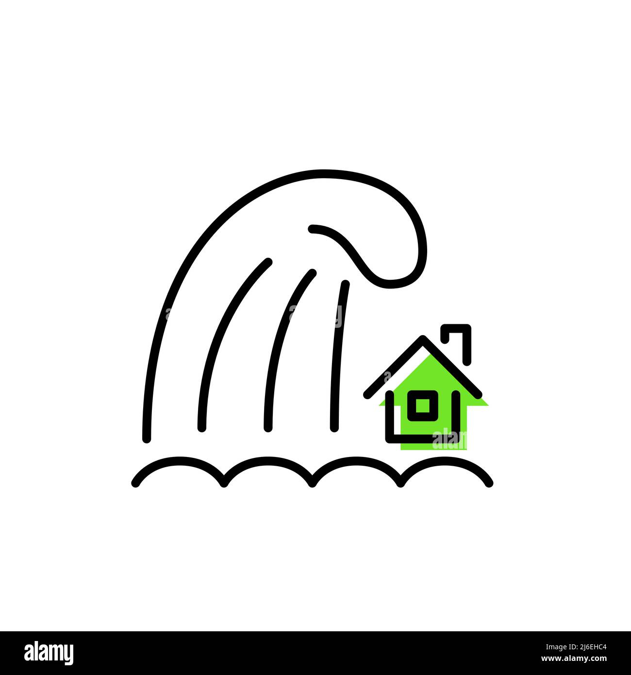 Énorme vague de tsunami sur une petite maison côtière. Conséquences du changement climatique. Pixel Perfect, icône de dessin au trait Illustration de Vecteur