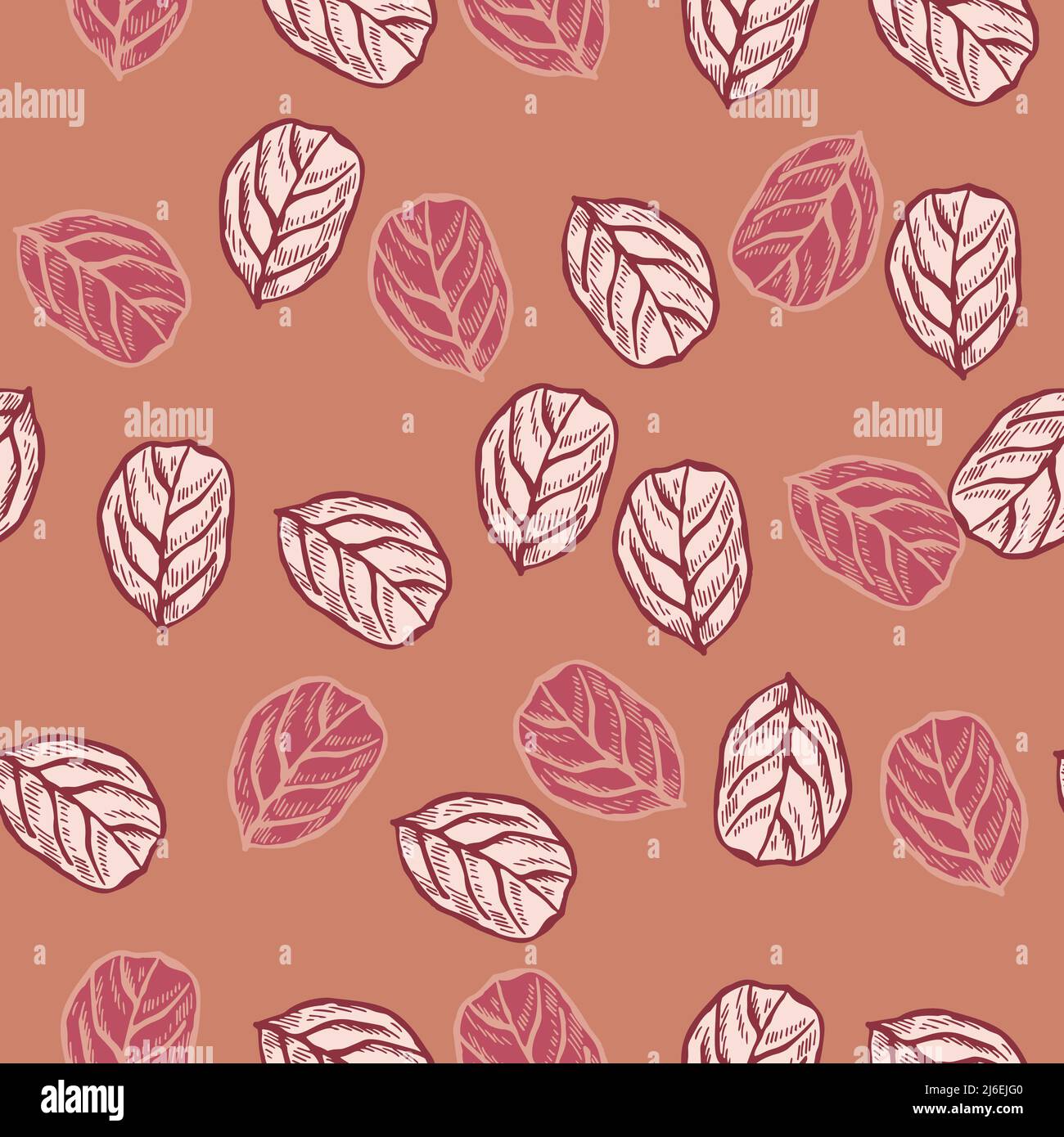 Feuilles d'arbre gravées à motif sans couture. Arrière-plan botanique vintage avec feuillage dessiné à la main. Texture de motif de couleur répétée vectoriel pour l'impression, Illustration de Vecteur