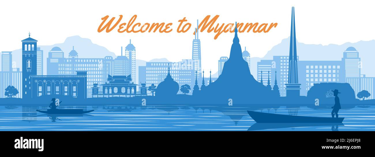 Myanmar célèbre silhouette de style historique derrière la rivière et le bateau et devant les tours, illustration vectorielle Illustration de Vecteur