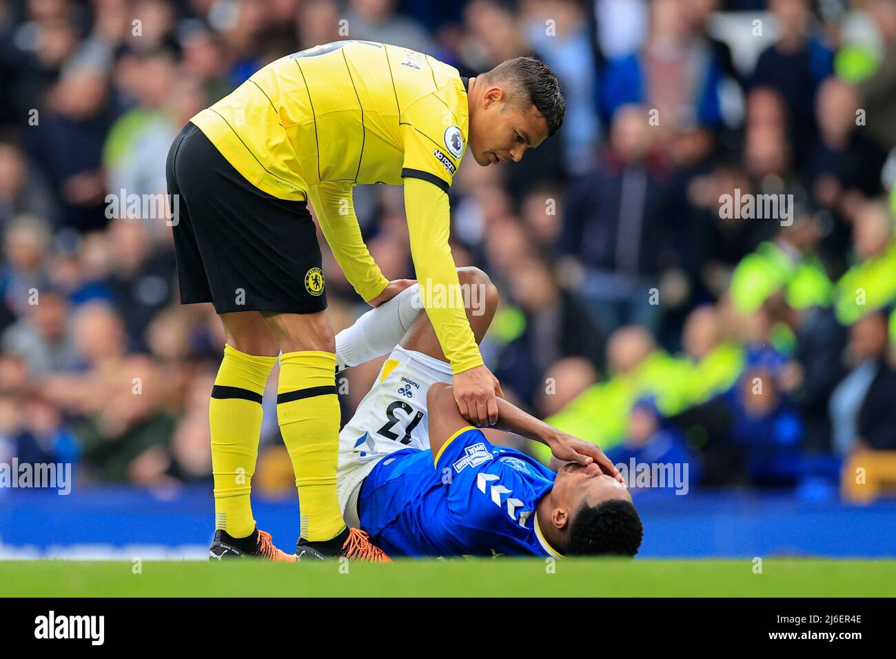 Thiago Silva #6 de Chelsea Comforts Yerry Mina #13 d'Everton Banque D'Images