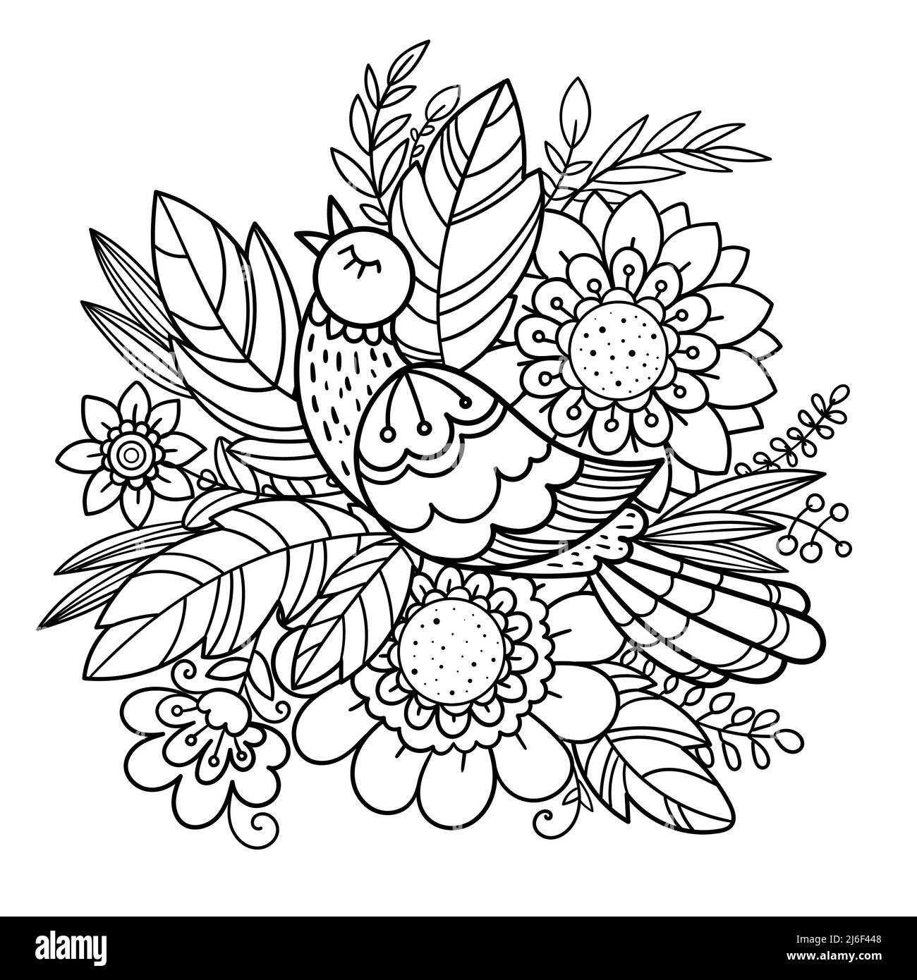 Beau dessin d'un oiseau, de fleurs et de feuilles. Vecteur Illustration de Vecteur