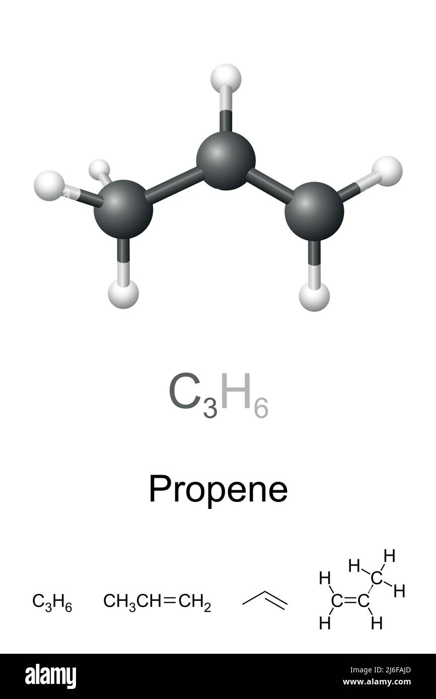 Propène, également propylène, modèle bille-bâton, formule moléculaire et chimique. Hydrocarbure. Deuxième alcène le plus simple. Banque D'Images