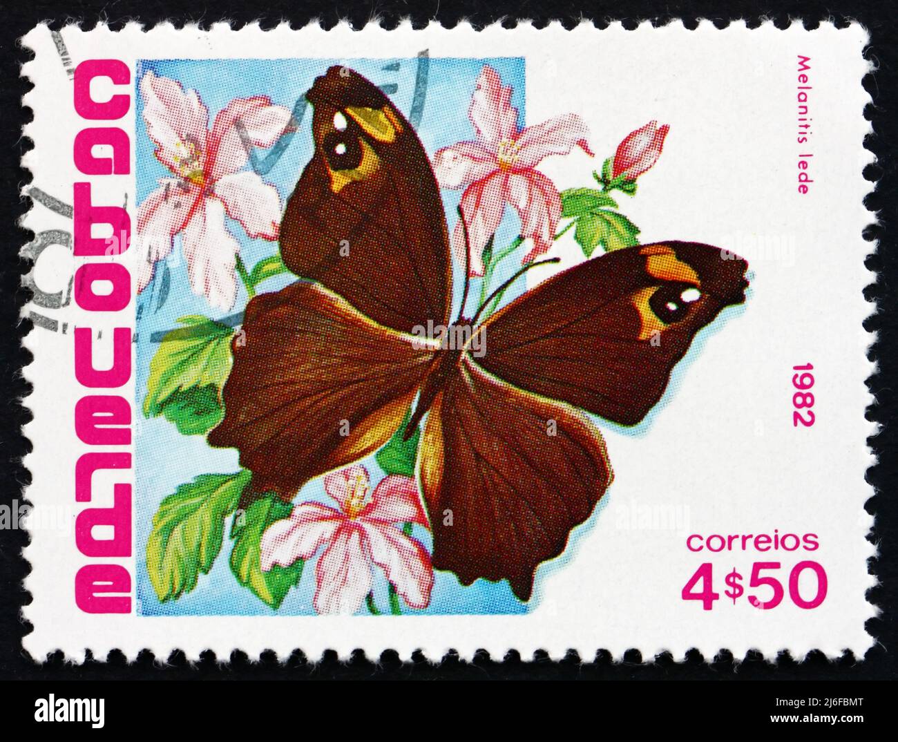 CAP-VERT - VERS 1982 : un timbre imprimé au Cap-Vert montre le brun de soirée commun, Melanitis Leda, papillon, vers 1982 Banque D'Images