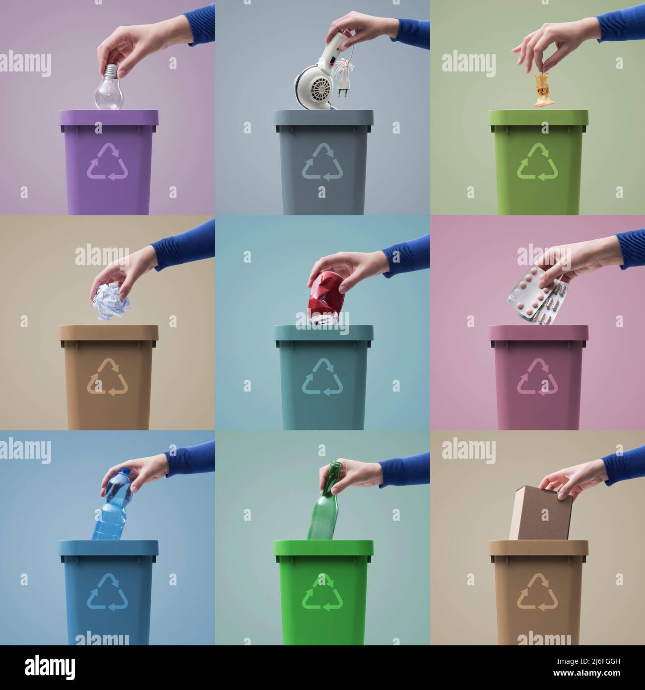 Les mains mettant différents types de déchets dans différents poubelles, le recyclage et le concept de collecte des déchets séparés Banque D'Images