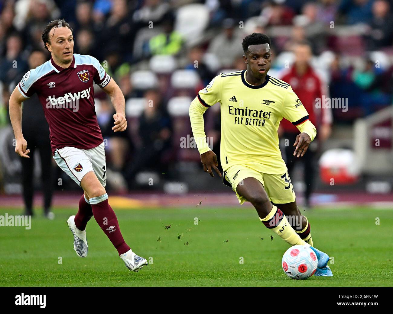 Londres, Royaume-Uni, 1st mai 2022. Eddie Nketiah (Arsenal) pendant le match de West Ham contre Arsenal Premier League au London Stadium Stratford.Credit: Martin Dalton/Alay Live News. Cette image est destinée À UN USAGE ÉDITORIAL UNIQUEMENT. Licence requise par le football DataCo pour toute autre utilisation. Crédit : MARTIN DALTON/Alay Live News Banque D'Images