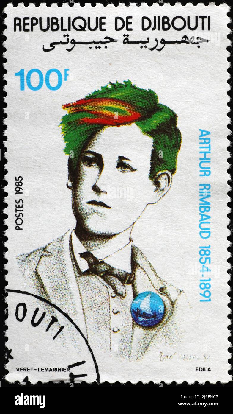 Portrait d'Athur Rimbaud sur timbre-poste africain Banque D'Images