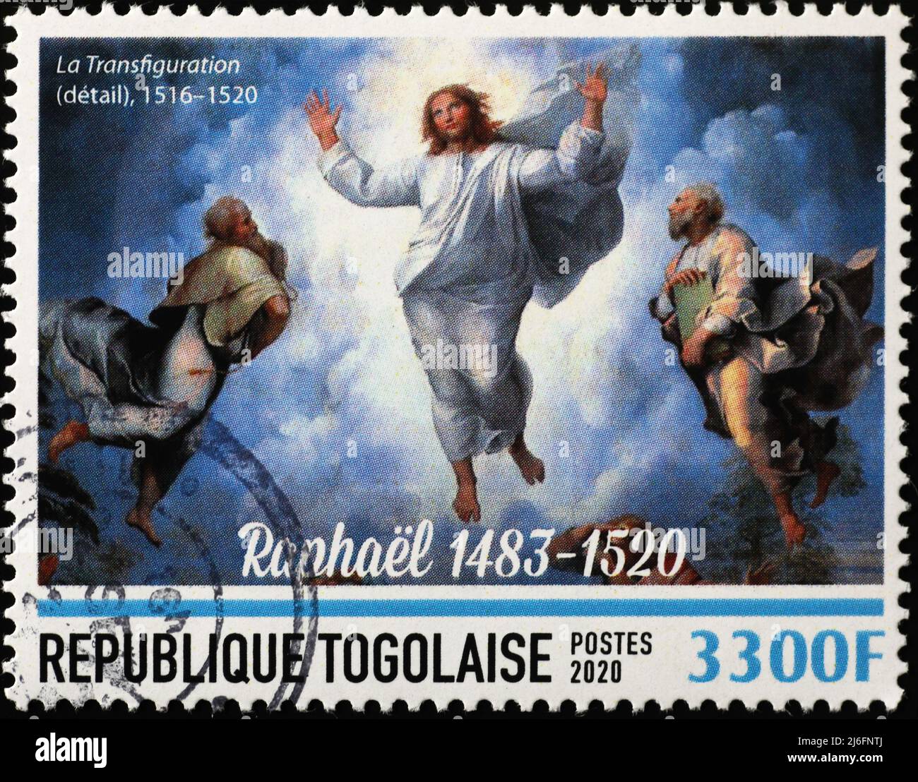 Détail de la Transfiguration de Raphaël sur timbre-poste. Dernière peinture de Raphaël. Banque D'Images