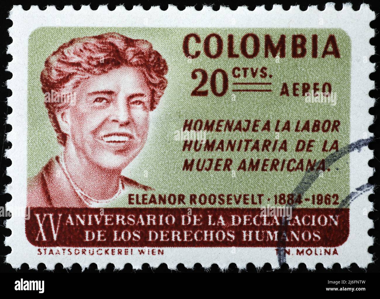 Eleanor Roosevelt sur l'ancien timbre de Colombie Banque D'Images