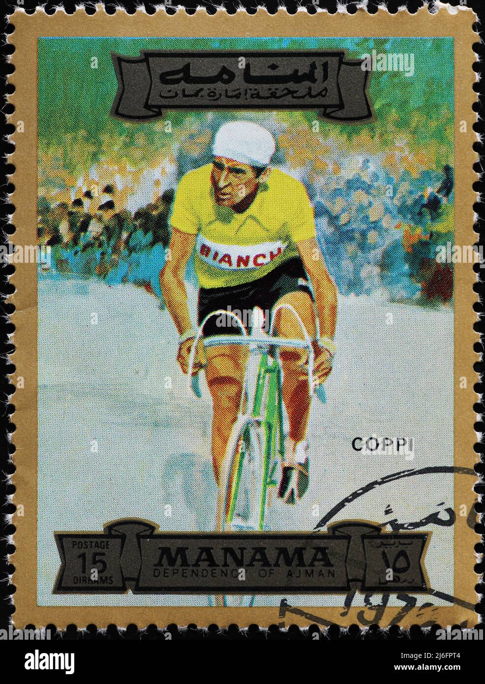 Cycliste de course automobile Fausto Coppi sur timbre-poste Banque D'Images