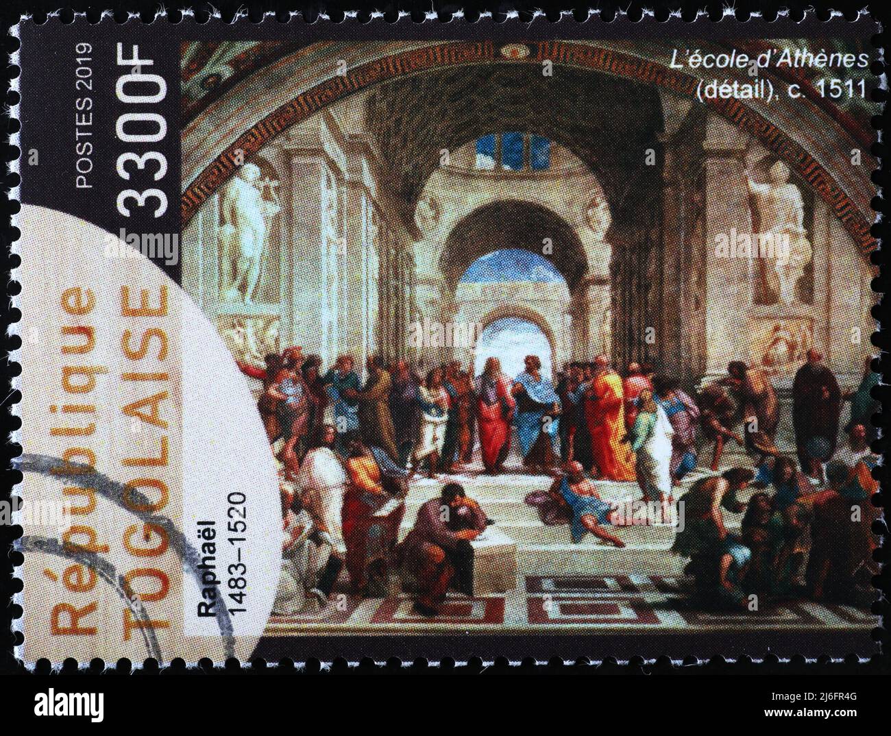 L'école d'Athènes par Raphaël sur timbre-poste Banque D'Images
