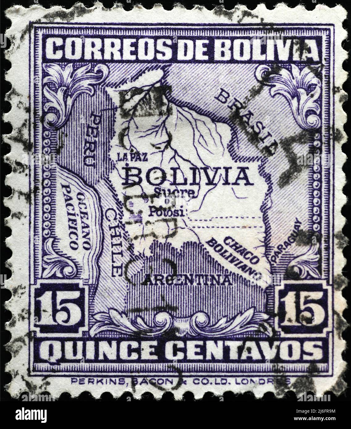 Carte ancienne de la Bolivie sur l'ancien timbre-poste Banque D'Images