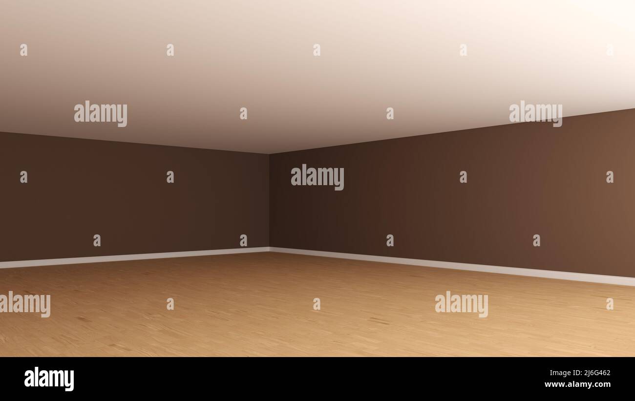 Coin intérieur vide avec un mur en stuc brun foncé, un plafond blanc, un parquet clair et un plinthes blanc. Chambre vide non meublée. Vue en perspective. Rendu 3D, Ultra HD 8K, 7680x4320, 300 dpi Banque D'Images