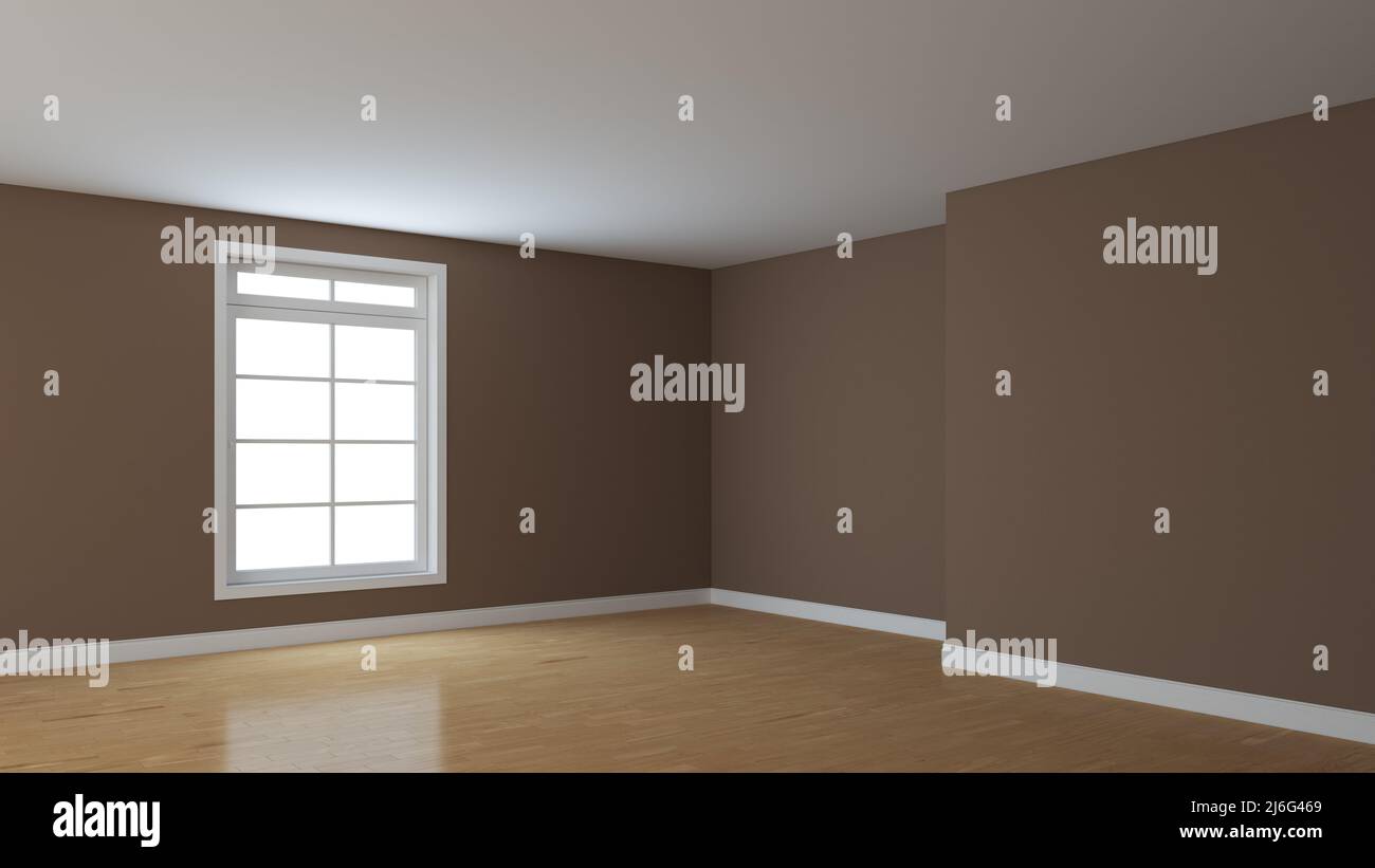 Coin intérieur vide avec murs bruns, plafond blanc, grande fenêtre, parquet brillant et un Plinth blanc. Vue en perspective. 3D illustration avec un chemin de travail dans la fenêtre. 8K Ultra HD 7680 x 4320 Banque D'Images