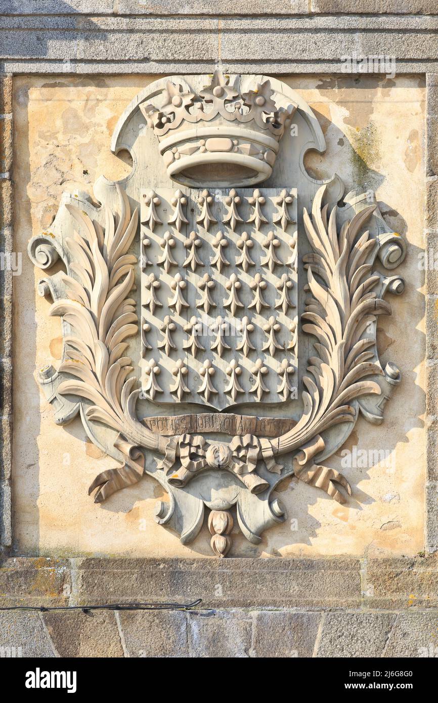 Gros plan des armoiries de Bretagne sur la porte Saint-Vincent à Saint-Malo (Ille-et-Vilaine), Bretagne, France Banque D'Images