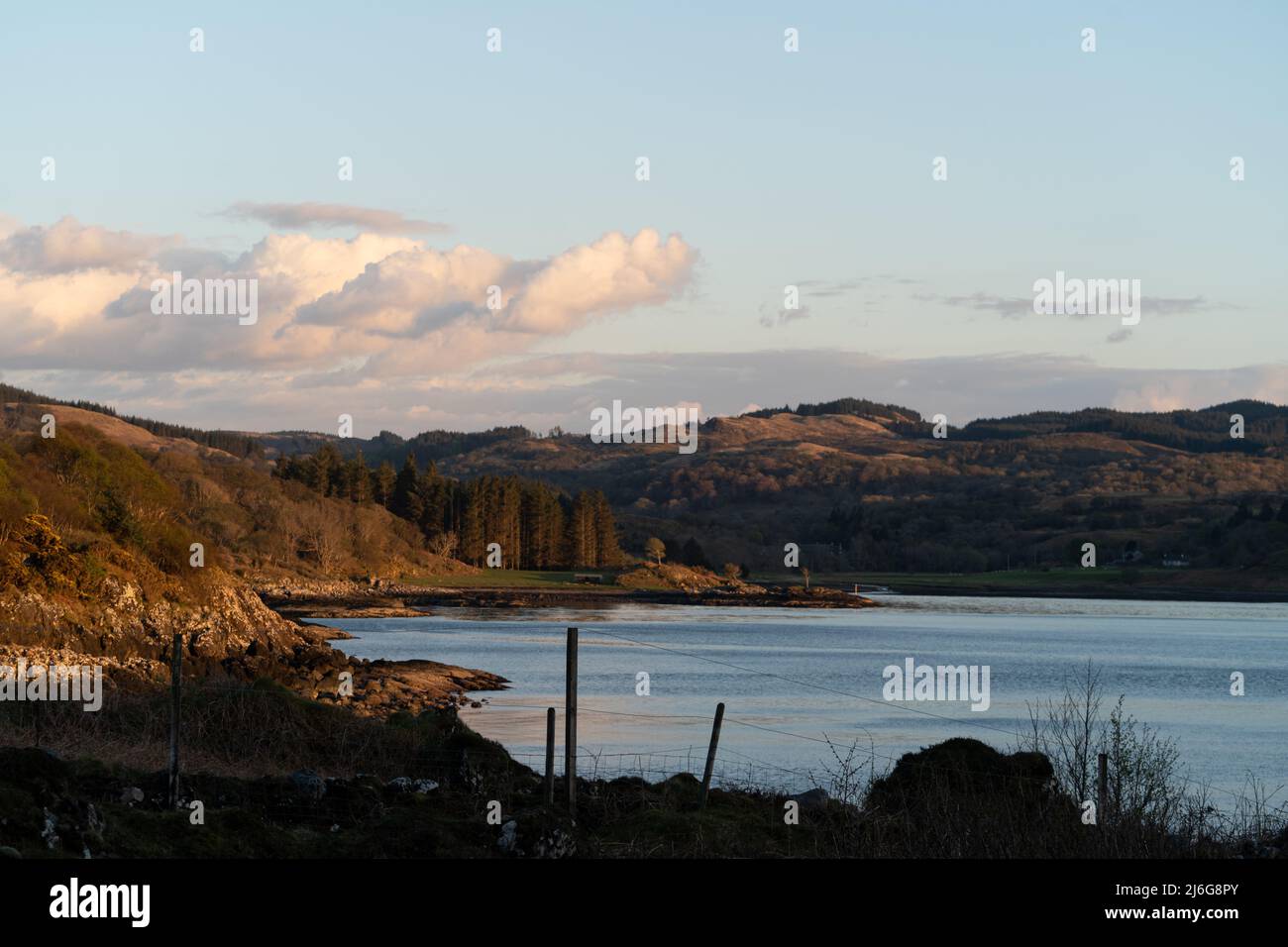 Paisible loch écossais avec collines et bois dans la lumière dorée du soir Banque D'Images Paisible loch écossais avec collines et bois dans la lumière dorée du soir Banque D'Images