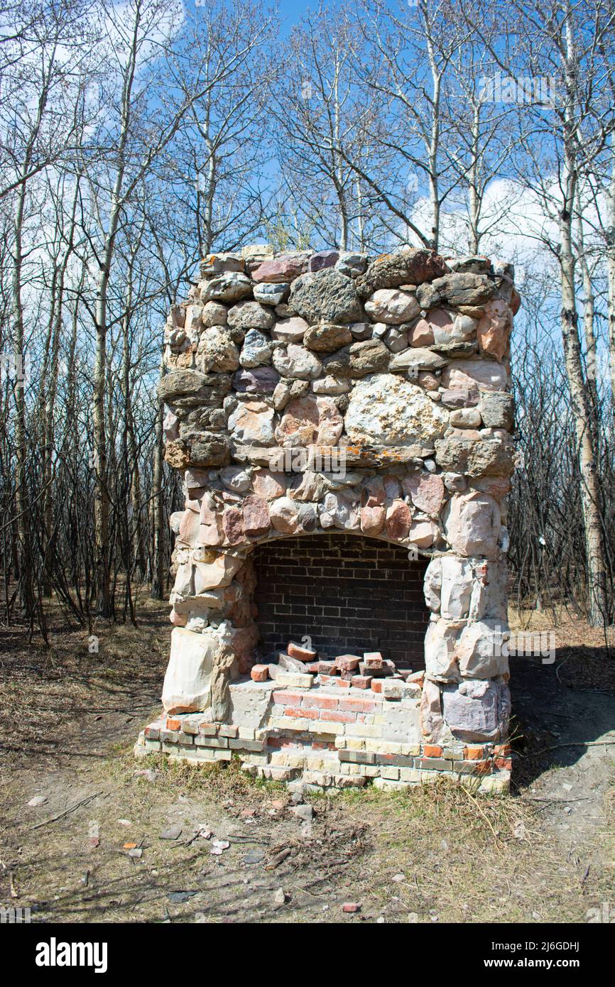 Old Stone and Brick cheminée reste dans les bois d'une maison de ranch. Banque D'Images