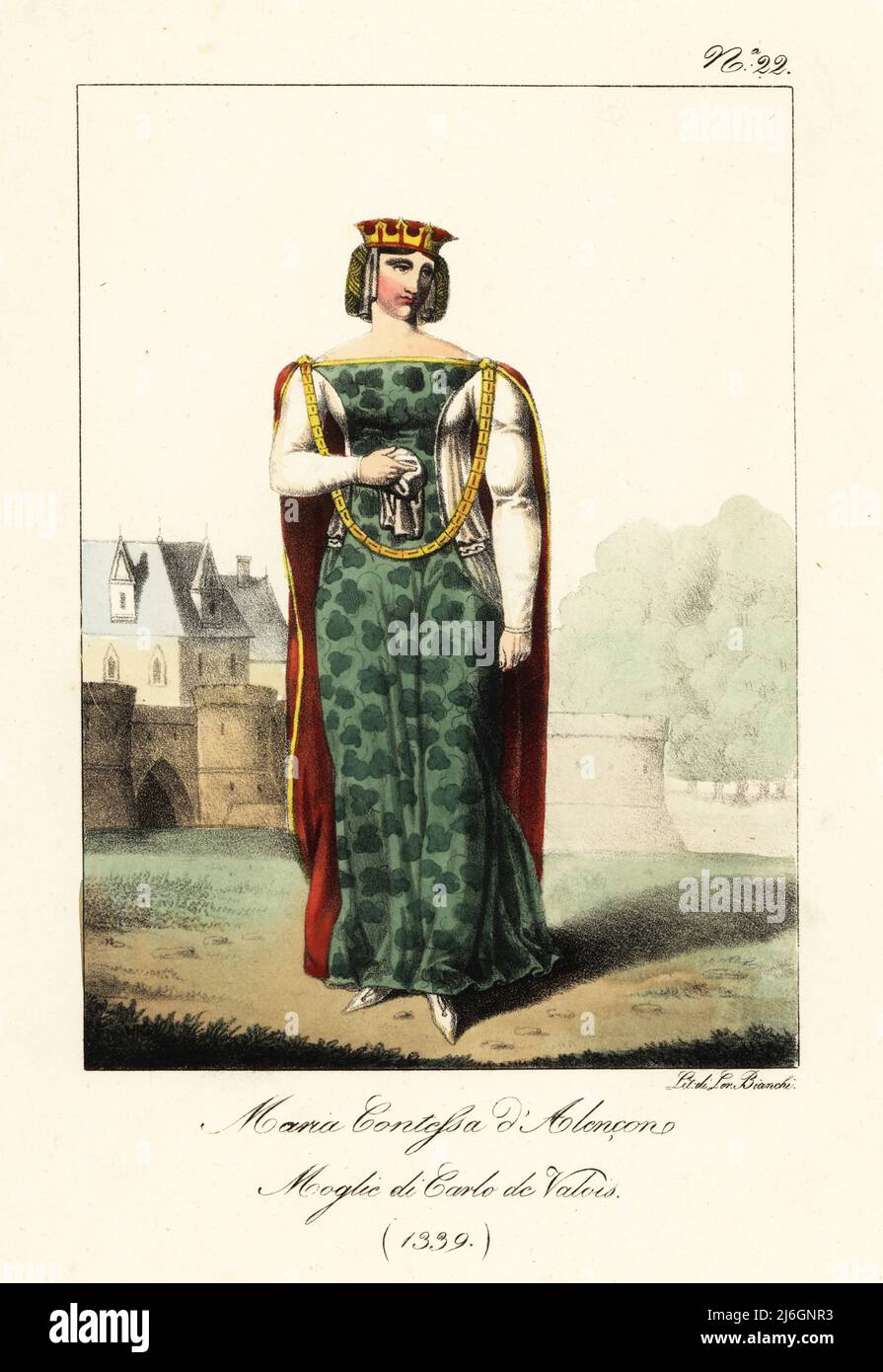 Maria, comtesse d'Alencon, 1339. Maria de la Cerda y Lara, 1310-1379,  épouse de Charles II, comte d'Alencon. En couronne rouge avec caul en  maille d'or, manteau pourpre avec chaîne d'or, robe verte